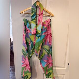 FARM Rio Green and Pink Floral Print Linen Pants